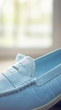 Light blue loafers elegantly positioned on warm parquet near sunlit window, highlighting minimalist interior and relaxed footwear aesthetic