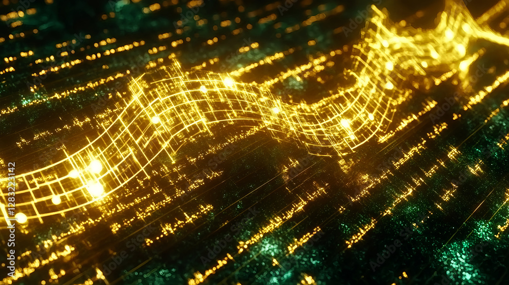Poster dynamic musical patterns digital space abstract visualization technological environment artistic per