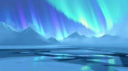 Majestic aurora borealis illuminates the winter landscape with snow-capped mountains and icy reflections.
