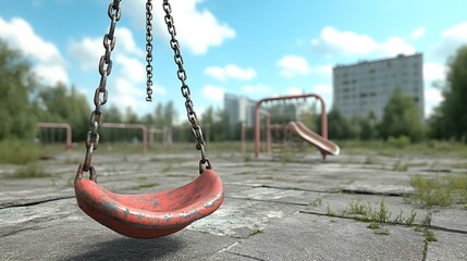 Abandoned playground with a red swing in focus, overgrown grass, and slides in background on a sunny day