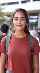 A woman wearing a red shirt and a backpack