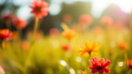 A gorgeous array of red and yellow wildflowers creates a dreamy, sunny bokeh in a field.