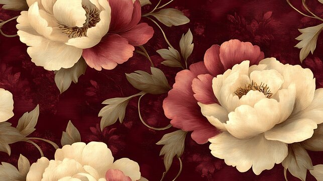 An ornate vintage floral design, featuring soft, oversized peonies in dusty pink and warm ivory, cascading gracefully with curling vines against a dark maroon canvas.