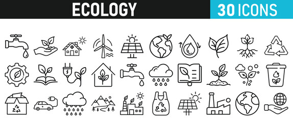 Ecology and Environment icons set. Ecology and Energy liner icons collection. Leaf, Eco friendly. Electric car, global warming, plant, weather. Vector illustration