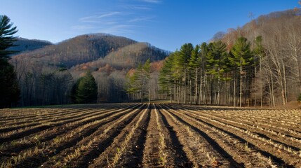 Expansive plowed agricultural landscape under clear sky, ideal for crop planting in rural area