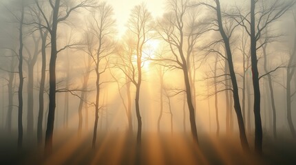 Fototapeta premium Golden sunlight shines through a misty forest with bare trees, creating a magical atmosphere.