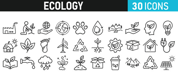 Ecology and Environment icons set. Ecology and Energy liner icons collection. Leaf, Eco friendly. Electric car, global warming, plant, weather. Vector illustration