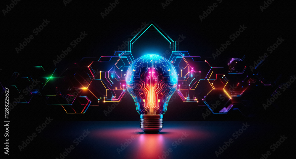 Aufkleber neon light bulb with circuit design glows brightly against a dark backdrop. geometric shapes and vib