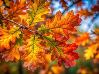Obraz premium Autumn's embrace: intimate documentary photography of oak leaf textures and colors.