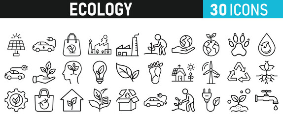 Ecology and Environment icons set. Ecology and Energy liner icons collection. Leaf, Eco friendly. Electric car, global warming, plant, weather. Vector illustration