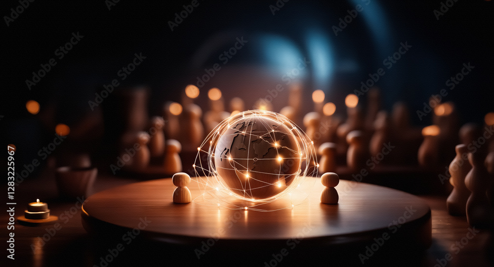 Leinwandbilder a glowing globe with network lines rests on a round wooden table, surrounded by chess pieces and lit
