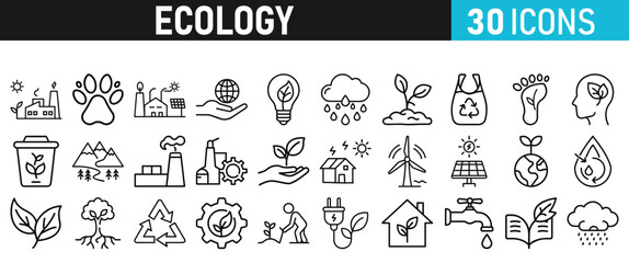 Ecology and Environment icons set. Ecology and Energy liner icons collection. Leaf, Eco friendly. Electric car, global warming, plant, weather. Vector illustration