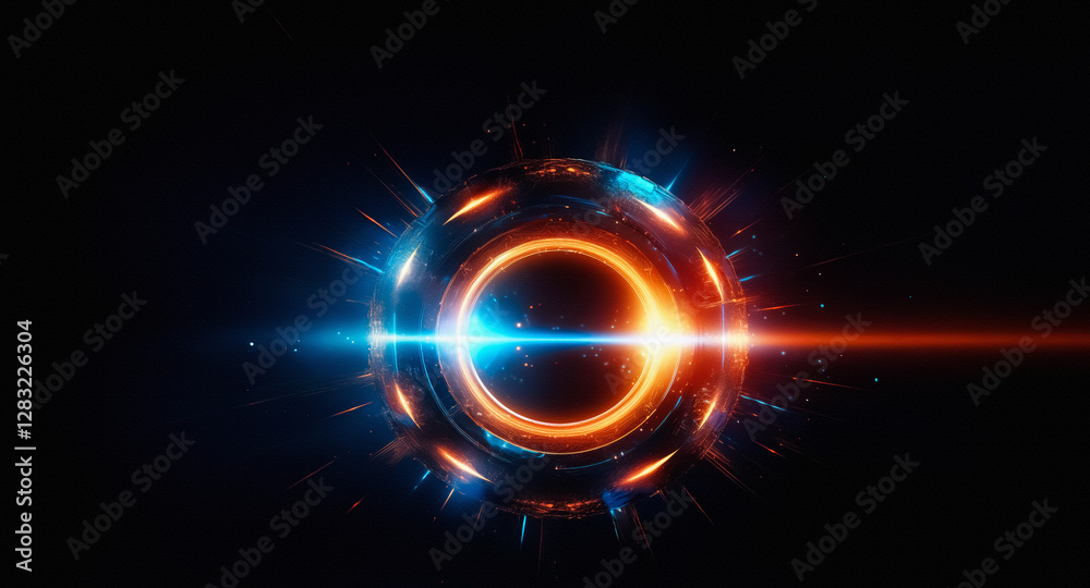 Poster a vibrant, glowing sphere emits radiant orange and blue light against a stark dark backdrop, creatin