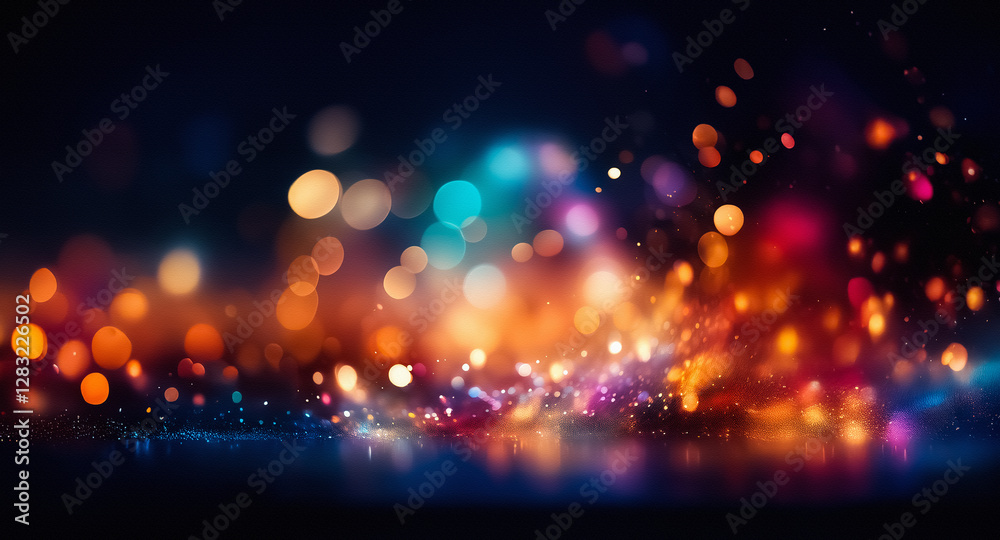 Poster Abstract bokeh lights in vibrant warm and cool tones create a festive and dreamy atmosphere with blurred glowing orbs.