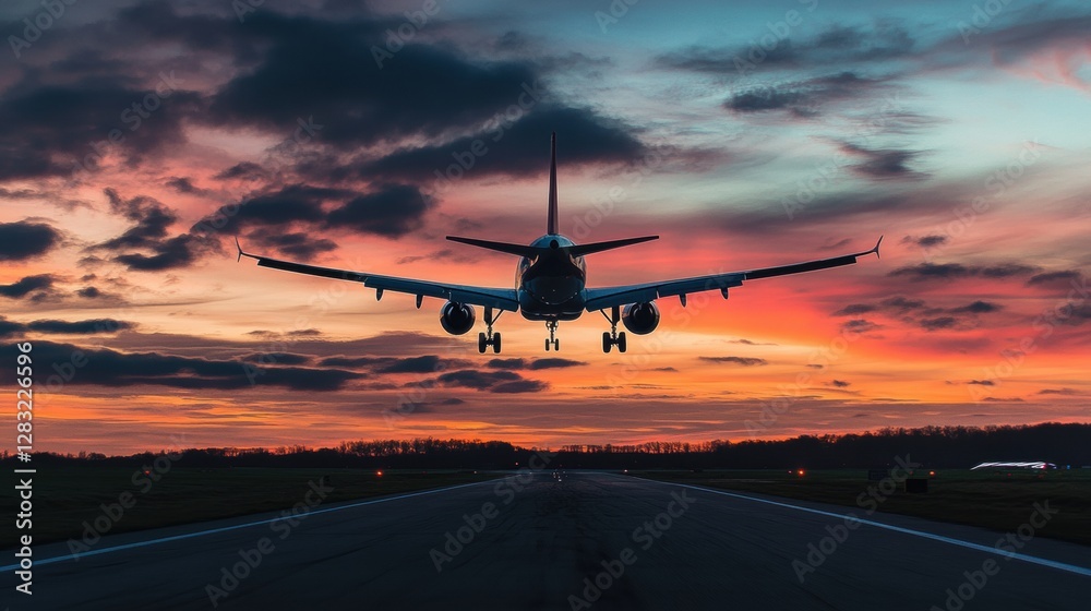 Leinwandbilder airplane landing at sunset with colorful cloud patterns over the runway. generative ai