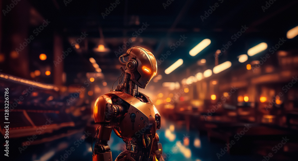Poster a metallic robot stands in a dimly lit factory, its form illuminated by warm orange lights, creating