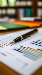 Fototapeta premium Close-up of a pen resting on financial charts and graphs, symbolizing analysis.