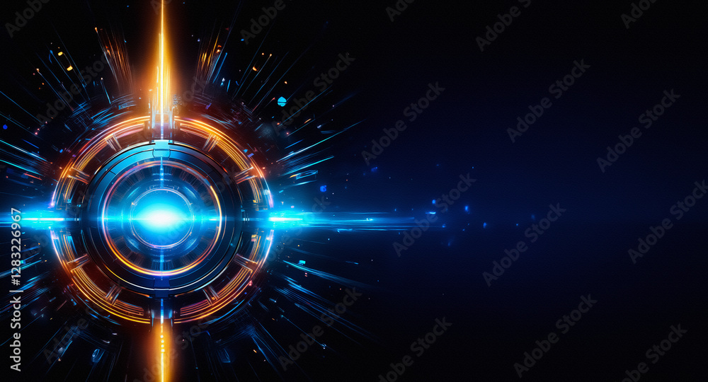 Poster a radiant circle of blue and orange light bursts forth against a dark backdrop, emitting energy puls