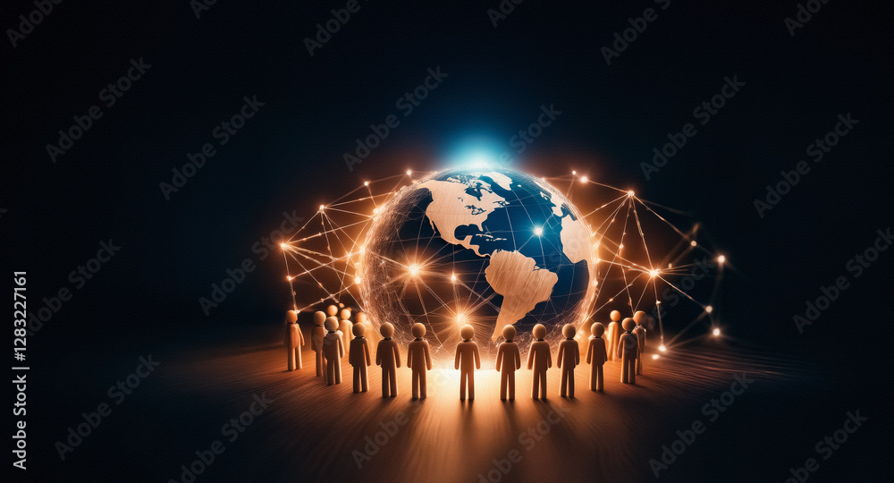 Poster a group of people is standing in a circle around a glowing globe, with network connections radiating