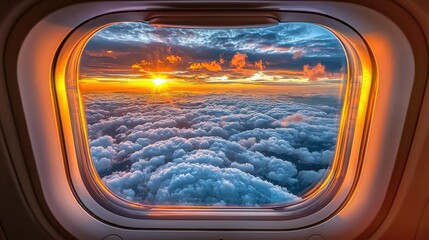 Spectacular sunset view through airplane window offering tranquil skies
