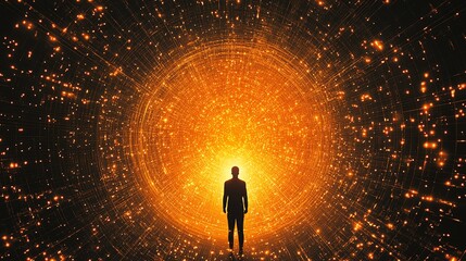 Fototapeta premium Futuristic illustration of a global network, a central figure surrounded by orangelit connections between individuals, symbolizing the interconnectedness of people