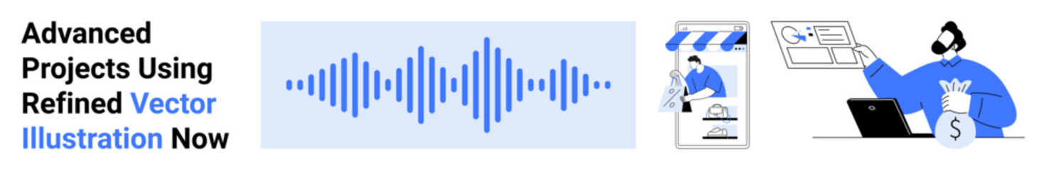 Audio wave, shopping app development, user store experience, financial payment process. Ideal for technology, e-commerce, business, innovation, marketing digital banking flat landing page banner
