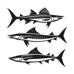 Ferocious Barracuda fish silhouette, showcasing sharp features - Barracuda fish illustration - Minimalist Barracuda vector - Fish silhouette
