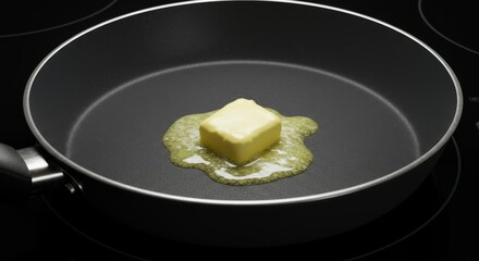 Golden butter slowly melting on a dark frying pan with even heat distribution