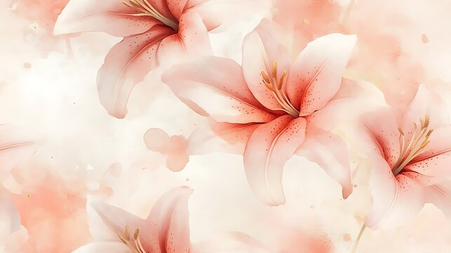 A seamless pattern of soft pink, peach, and ivory lilies with subtle golden accents, delicate watercolor strokes, airy botanical elegance, flowing floral composition, gentle pastel hues,