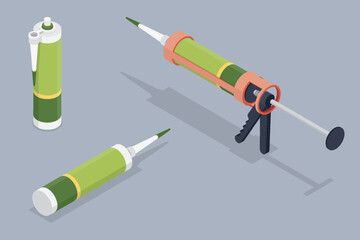 Caulking gun and silicone acrylic sealant adhesive tube. Industrial fill foam bottle with nozzle for repair work. 3d flat isometric vector illustration.