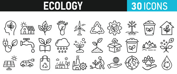 Ecology and Environment icons set. Ecology and Energy liner icons collection. Leaf, Eco friendly. Electric car, global warming, plant, weather. Vector illustration