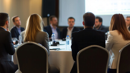 Fototapeta premium Business professionals sitting at a round table during a conference or presentation in a hotel, captured from behind with sharp focus and professional color grading. This high-quality image, showcasin