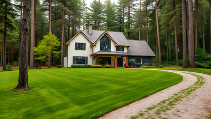 Obraz premium Stunning Modern Cottage in a Serene Forest with Lush Garden and Lawn