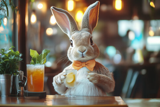 Easter rabbit mister in a restaurant drinking cocktail illustration