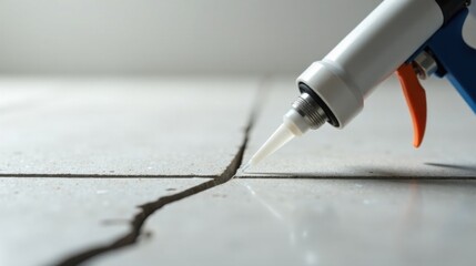 Close-up view of a caulking gun precisely applying sealant to a crack in a tiled surface, a detailed image showing the application process of a construction adhesive