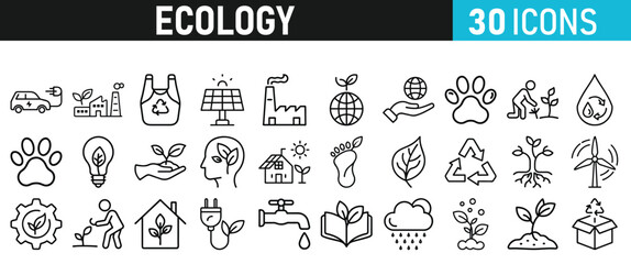 Ecology and Environment icons set. Ecology and Energy liner icons collection. Leaf, Eco friendly. Electric car, global warming, plant, weather. Vector illustration
