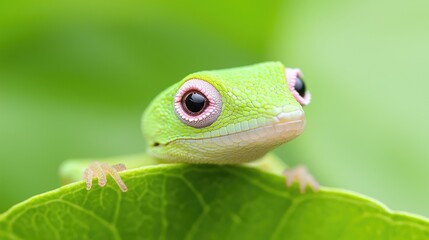 Naklejka premium Close-up of a vibrant green lizard on a leaf