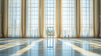 A legislative hall with tall glass windows and elegant curtains. Featuring transparency and sophistication