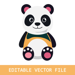 Flat Vector Cute Cartoon Panda Character. Funny Smiling Sitting Panda Bear in Front View