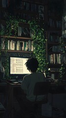 Obraz premium A young Asian male engrossed in work at a dimly lit desk surrounded by books.