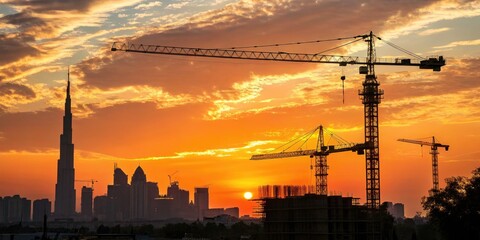 Golden Hour Cityscape Silhouette, Construction Cranes, Sunset Panorama, Urban Development, City Skyline, Evening City