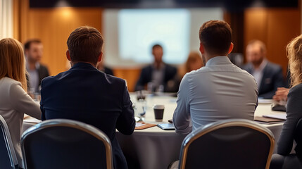 Business professionals sitting at a round table during a conference or presentation in a hotel, captured from behind with sharp focus and professional color grading. This high-quality image, showcasin