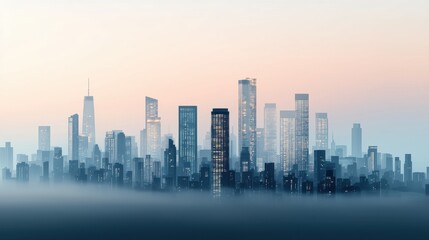 Obraz premium A misty urban skyline at dawn, featuring modern skyscrapers with illuminated windows against a soft pastel sky.