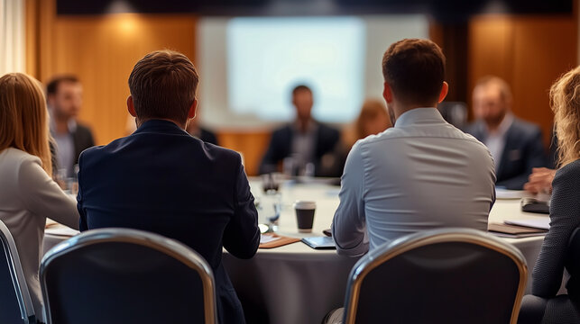 Business professionals sitting at a round table during a conference or presentation in a hotel, captured from behind with sharp focus and professional color grading. This high-quality image, showcasin