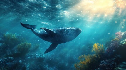 Obraz premium Majestic Whale in Underwater Paradise: A Symphony of Blue