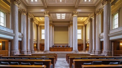 A legislative hall with tall windows and a clean modern design. Featuring openness and simplicity