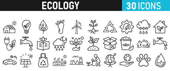 Ecology and Environment icons set. Ecology and Energy liner icons collection. Leaf, Eco friendly. Electric car, global warming, plant, weather. Vector illustration