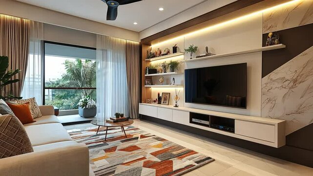 Sleek TV units paired with wall-mounted shelves, soft rugs, and geometric decor.