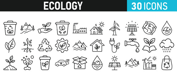 Ecology and Environment icons set. Ecology and Energy liner icons collection. Leaf, Eco friendly. Electric car, global warming, plant, weather. Vector illustration