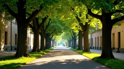 Fototapeta premium Sunlit Pathway Through a Canopy of Lush Green Trees Lining a Residential Street